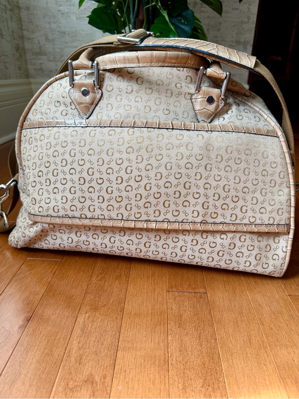 Guess Beige & Tan Monogram Satchel